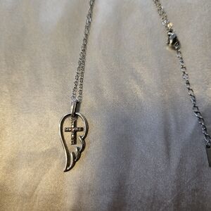 Silver Wing and Cross Pendant Necklace